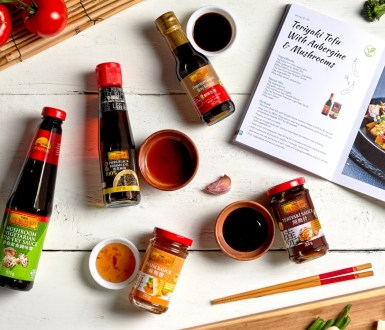 A range of Lee Kum Kee vegetarian products arranged on a work surface
