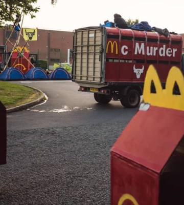Protestors are blockading McDonald's UK burger factory, urging the chain to go plant-based