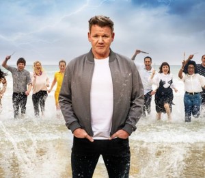 chef gordan ramsay on a beach with future food star contestants running towards him